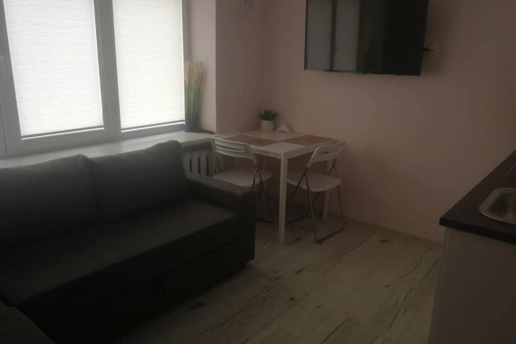ein Wohnzimmer mit einem Sofa und einem Tisch in der Unterkunft T&J Appartments Ferry Terminal in Klaipėda