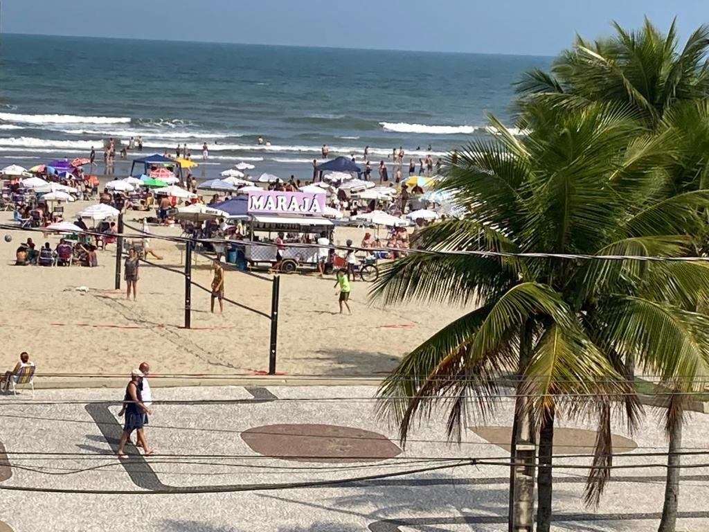 een strand met een palmboom en een menigte mensen bij Aconchegante studio frente mar com vista CANTO DO FORTE in Praia Grande