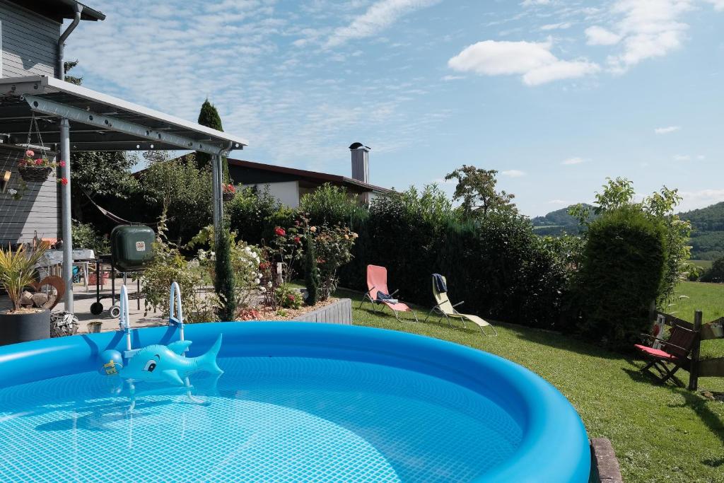 uma piscina azul com uma fonte de água num quintal em Ferienwohnung Liebelt in Mitgenfeld , bayerische Rhön em Mitgenfeld
