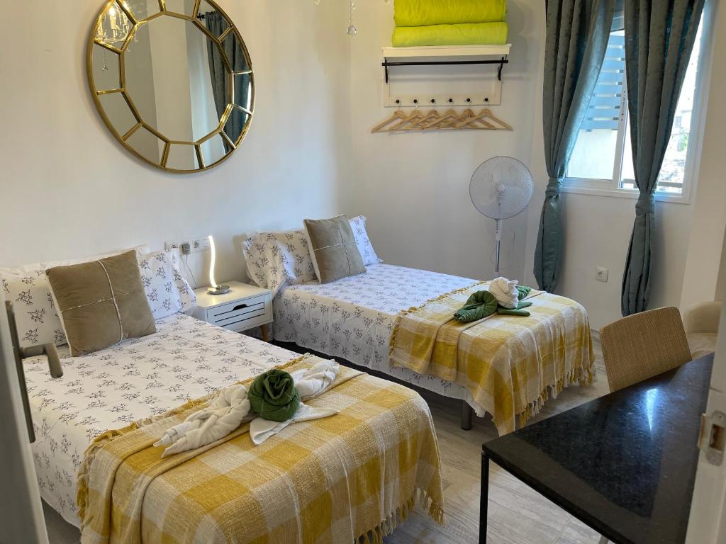 een slaapkamer met 2 bedden en een spiegel bij DREAM SCENE in Santa Cruz de Tenerife