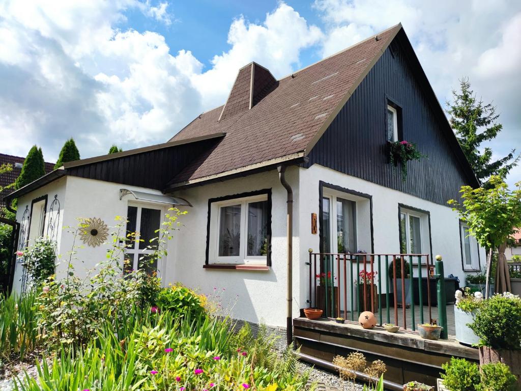 een klein wit huis met een zwart dak bij Sirisferienhaus in Kurort Steinbach-Hallenberg