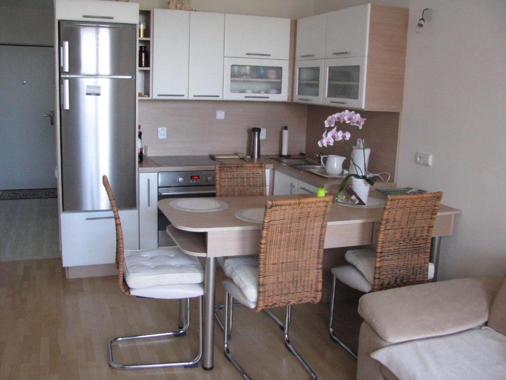 a kitchen with a table and chairs and a refrigerator at Apartmán Olomouc Ručilova in Olomouc