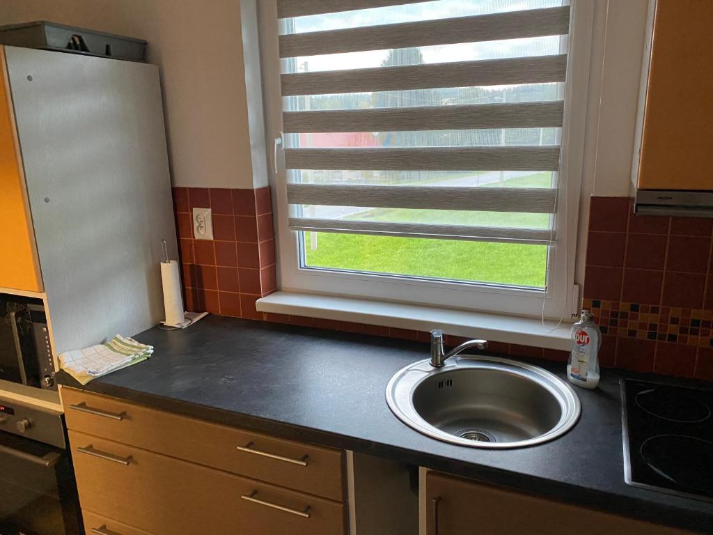 a kitchen with a sink and a window at W apartmán 2 in Teplice nad Metují