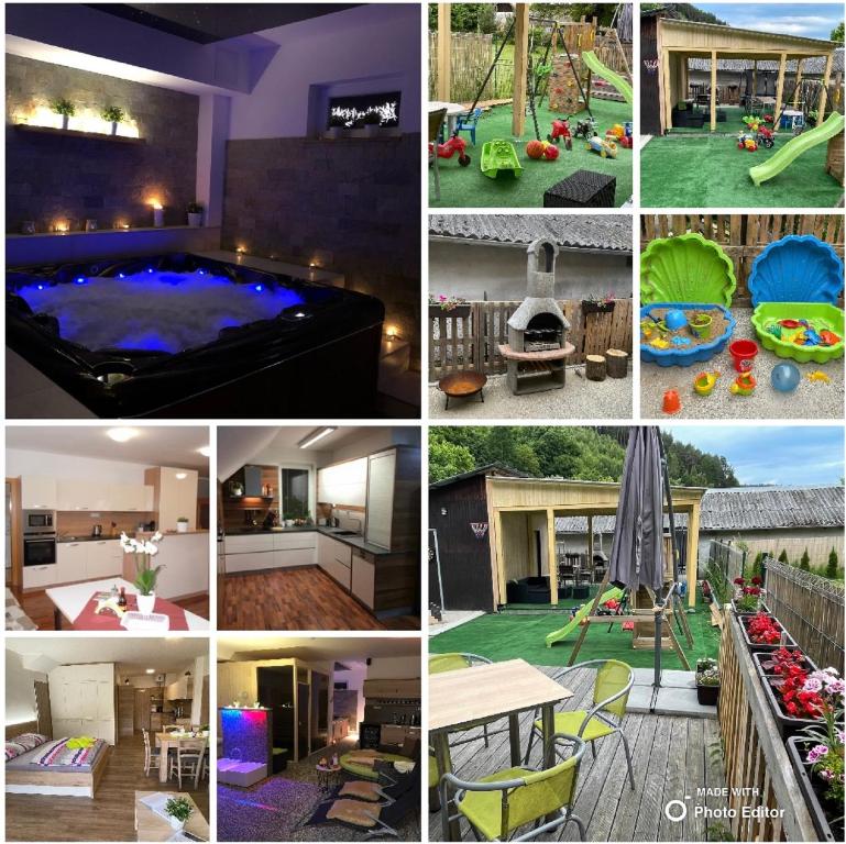 a collage of photos of a house with a pool at Apartment WELLNESS Vlčková in Vlčková
