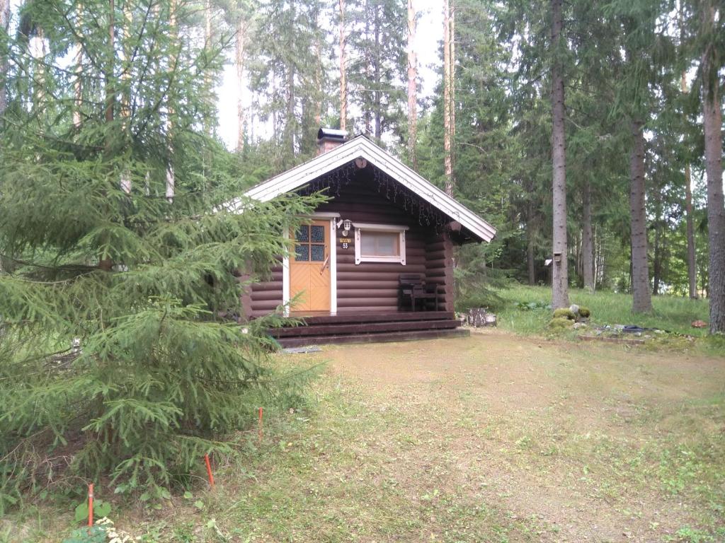 eine kleine Hütte mitten im Wald in der Unterkunft Holiday Cabin Kerimaa 53 in Savonlinna