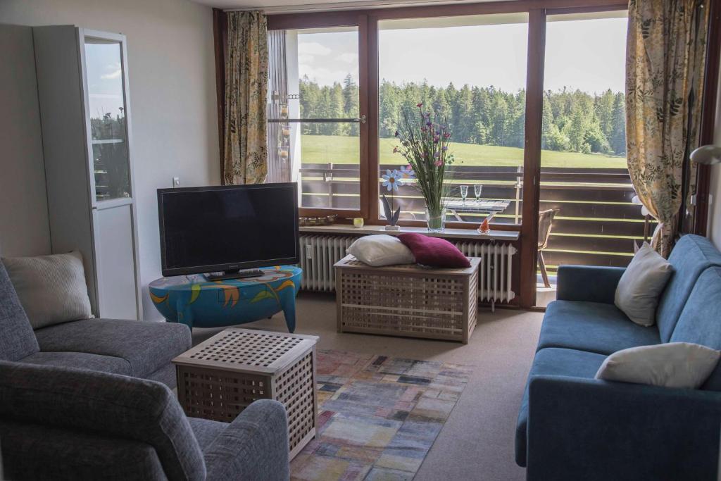 a living room with a tv and chairs and a large window at Ferienapartment Hoch hinaus in Kniebis