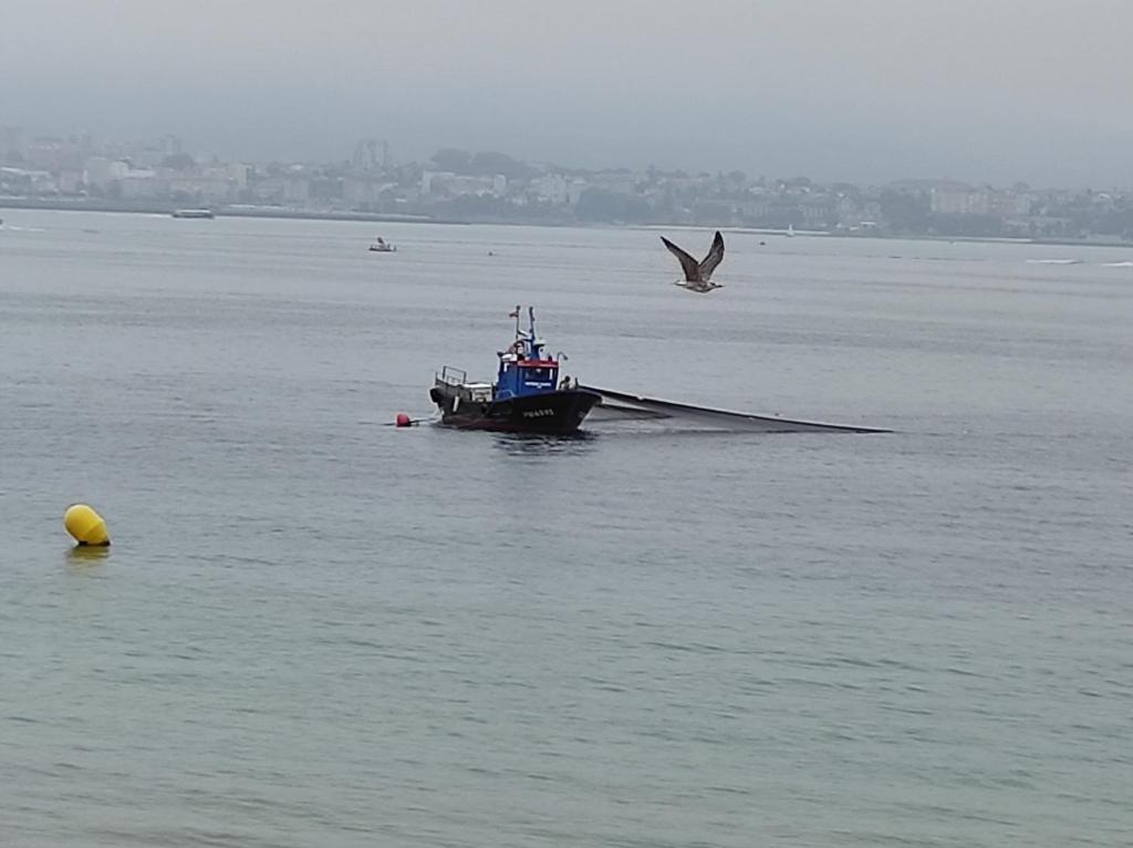Ein Boot im Wasser mit einem Vogel, der darüber fliegt. in der Unterkunft Piso cangas in Cangas