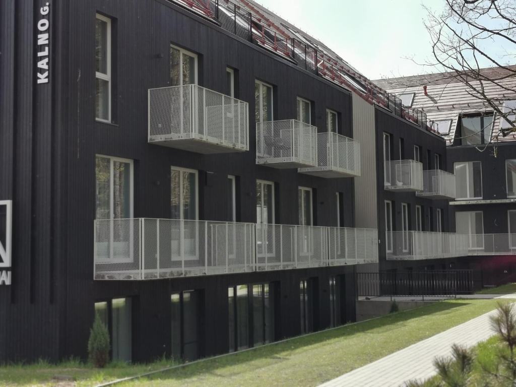 um prédio preto com varandas brancas nas laterais em Jorė em Juodkrantė