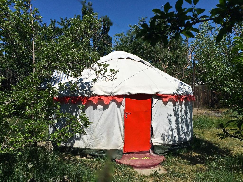 卡拉科爾的住宿－Arista Yurt Camp，圆顶帐篷,在田野上设有红色和白色的门