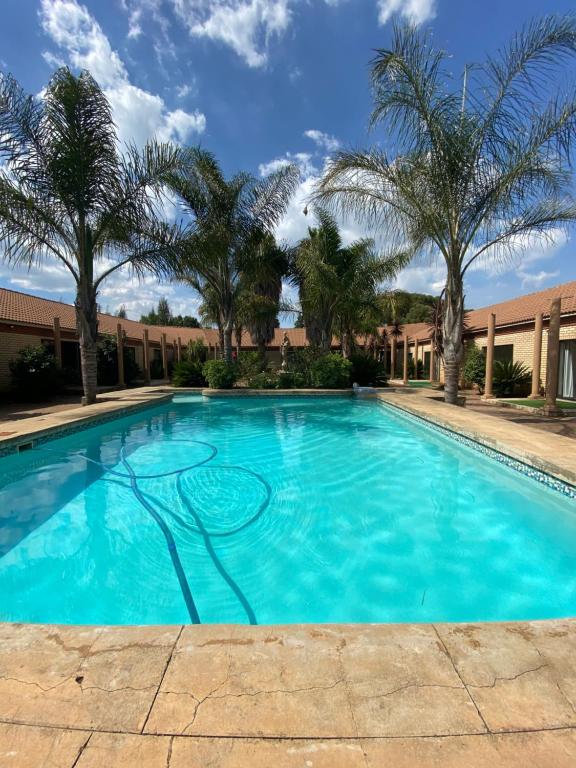 a large blue swimming pool with palm trees in the background at Tamarisk Guest Lodge in Benoni