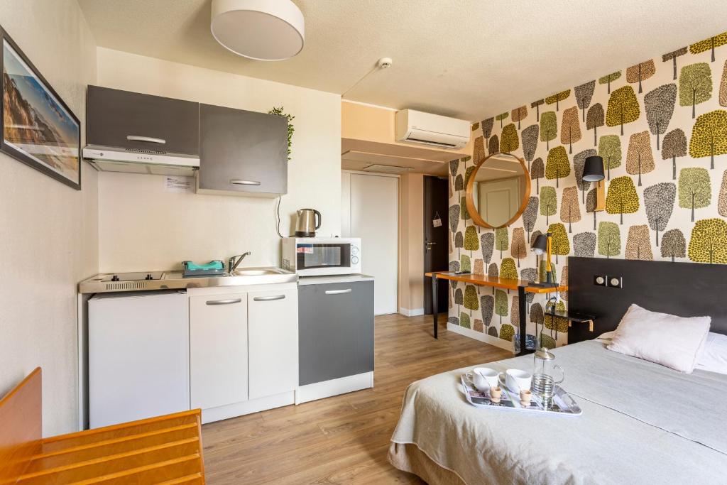 Kuchyň nebo kuchyňský kout v ubytování Hôtel & Appart-hôtel Olatua
