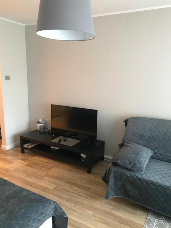 sala de estar con cama y TV de pantalla plana en 1-Bedroom apartment in city centre, en Paide