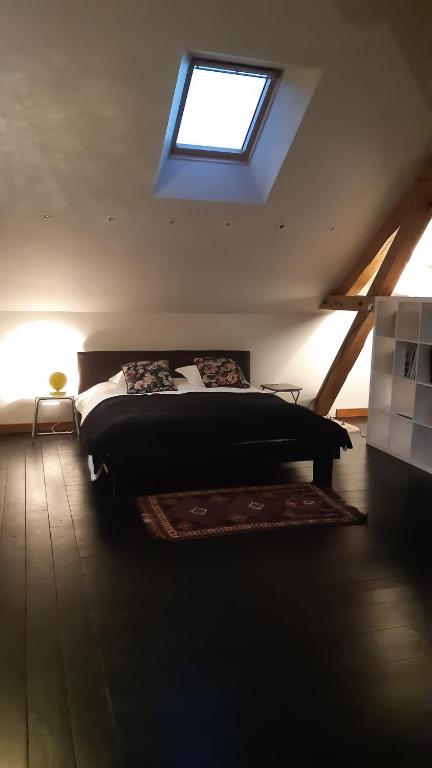 une chambre avec un lit et une lucarne dans l'établissement Le Loft, à Sancergues