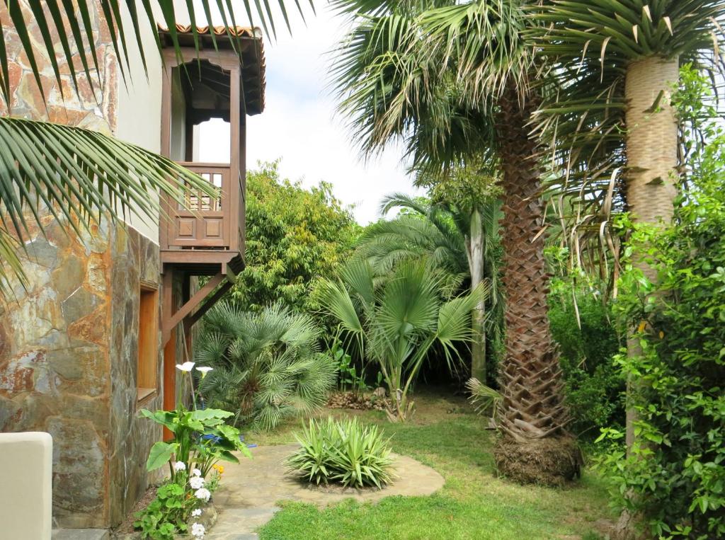 um jardim com uma palmeira e uma varanda em La Casita de la Vega em Icod de los Vinos