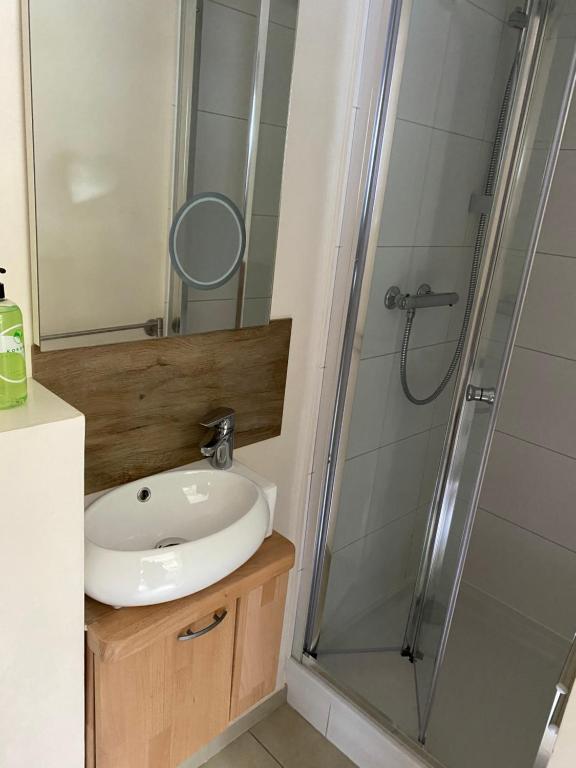 a bathroom with a sink and a shower at Apartments Am Bahnhof in Siegen