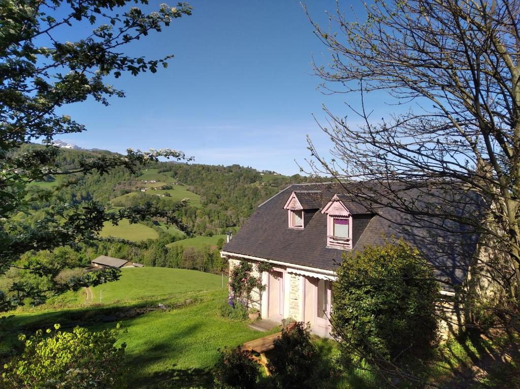 una casa en una colina con césped verde y árboles en Les Granges de La hulotte, la hulotte, en Lies