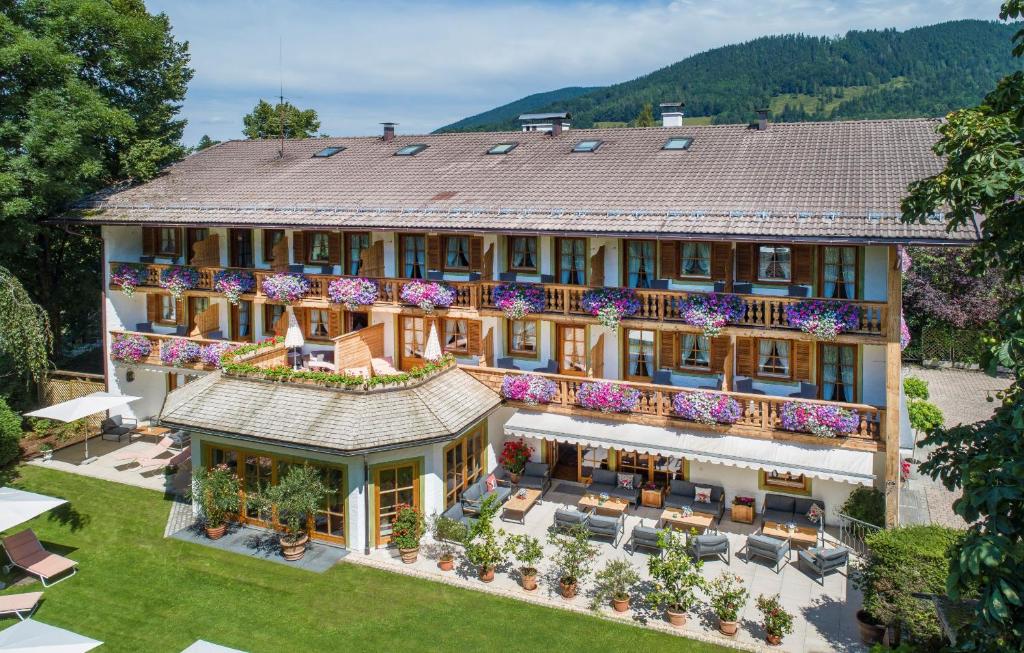 an aerial view of a building with at Hotel Ziegleder in Rottach-Egern