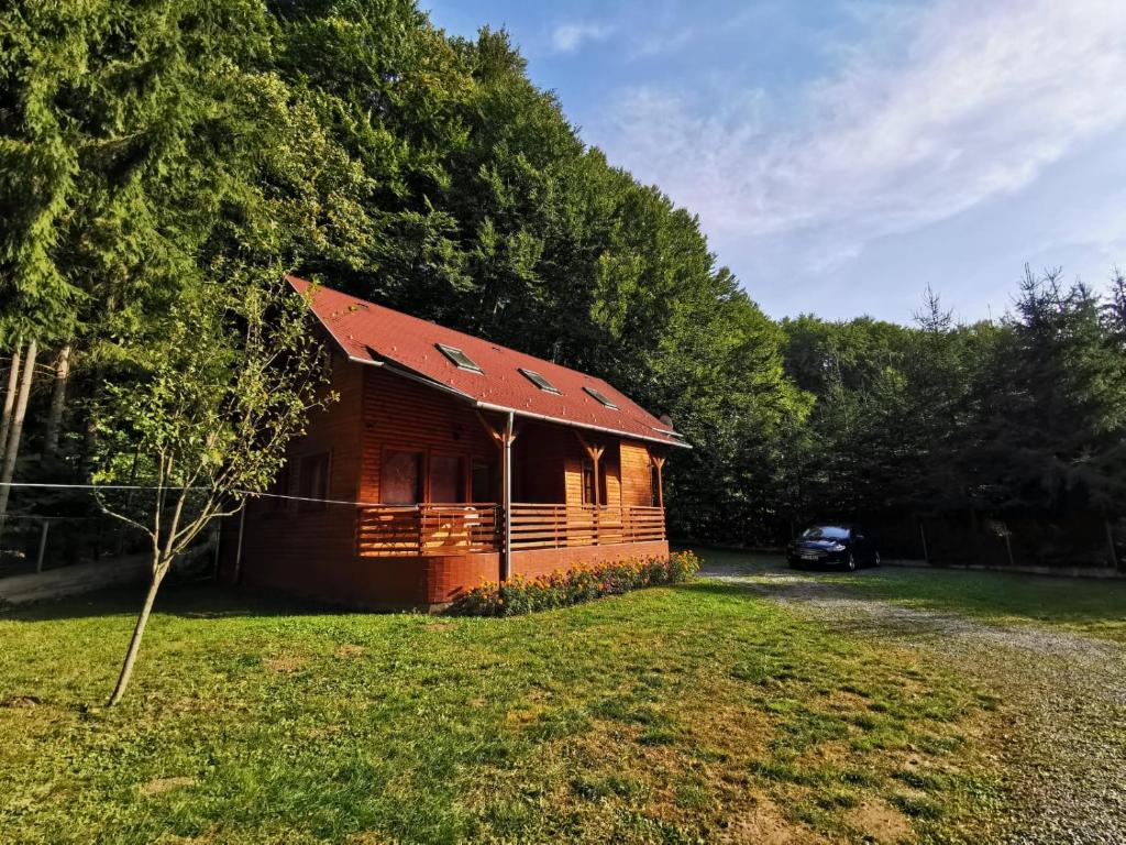 ein Blockhaus mit einem davor geparkt in der Unterkunft Holiday Guest House in Odorheiu Secuiesc