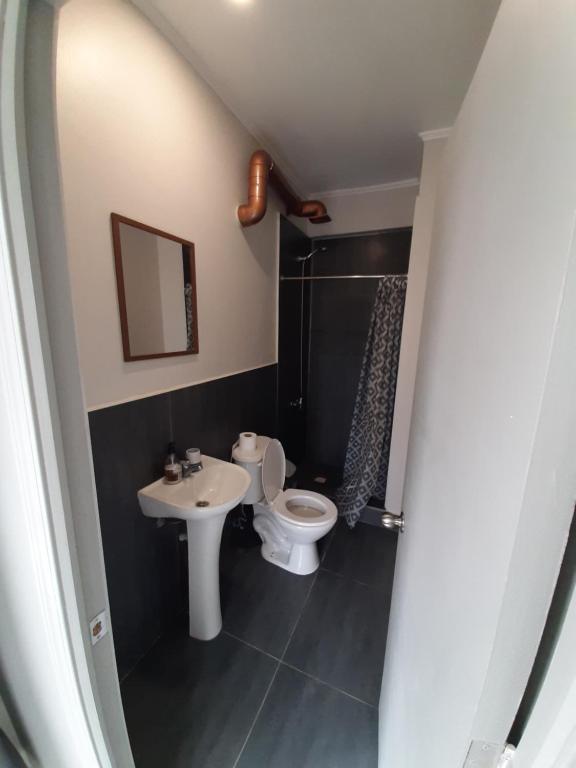 a small bathroom with a toilet and a sink at Aji Hostel in Santiago