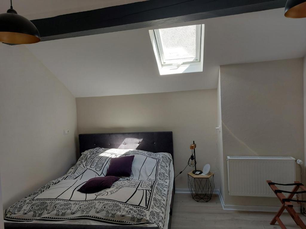 ein Schlafzimmer mit einem Bett in einem Zimmer mit einem Fenster in der Unterkunft Denkmal in Melsungen