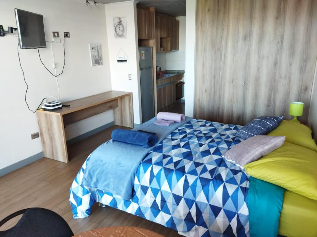 a bedroom with a bed and a tv in it at Depto.Barcelona Rucakawi in Temuco