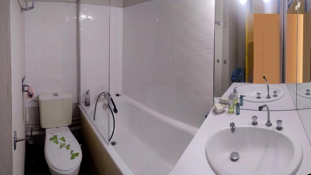 La salle de bains est pourvue d'un lavabo, de toilettes et d'une baignoire. dans l'établissement Superbe appartement vue panoramique pied des pistes, à La Mongie