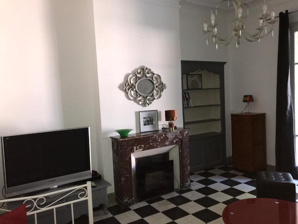 a living room with a tv and a fireplace at Avignon centre ville appartement T3 meublé 2 chambres in Avignon