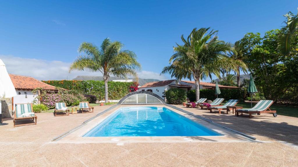 uma piscina com espreguiçadeiras e palmeiras em Finca El Picacho Apartments in the countryside 2 Km from the beach em Tejina