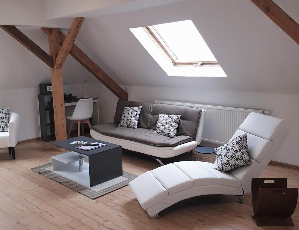 a living room with a couch and chairs and a skylight at Vogelnest Riesa in Riesa