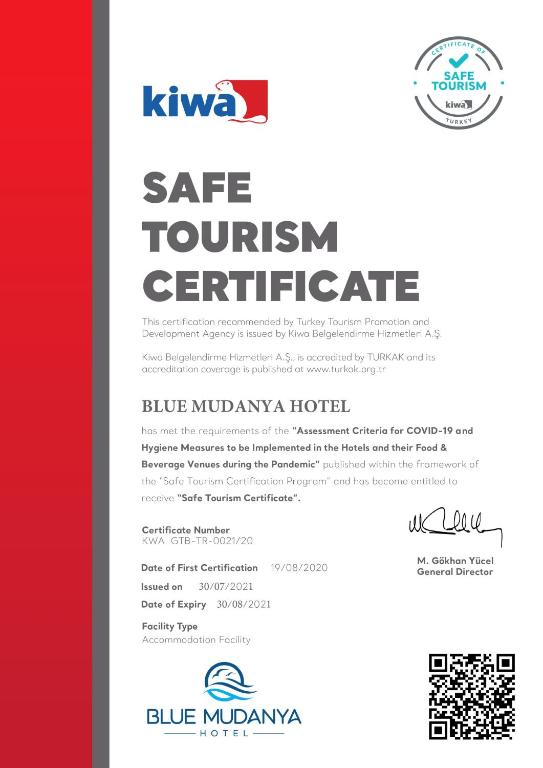 Certifikát, hodnocení, plakát nebo jiný dokument vystavený v ubytování BLUE MUDANYA HOTEL