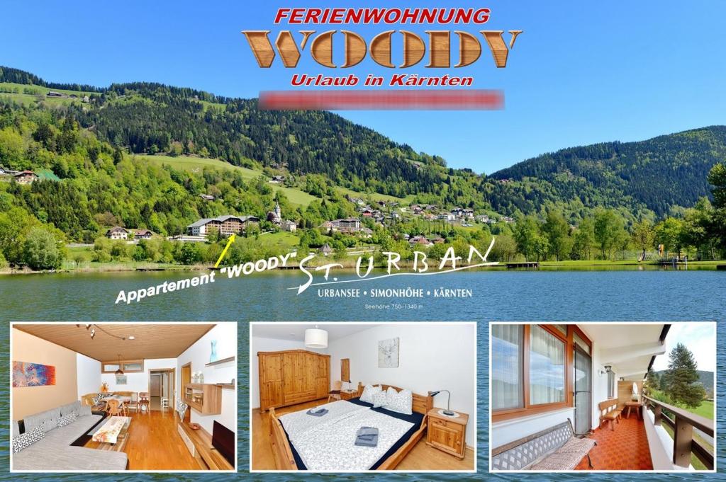 kolaż zdjęć domu nad jeziorem w obiekcie Ferienwohnung Woody w mieście Sankt Urban