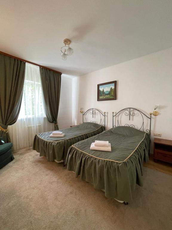 キーウにあるGusarskiy Hotel and Apartmentのベッドルーム(緑のシーツを使用したベッド2台付)