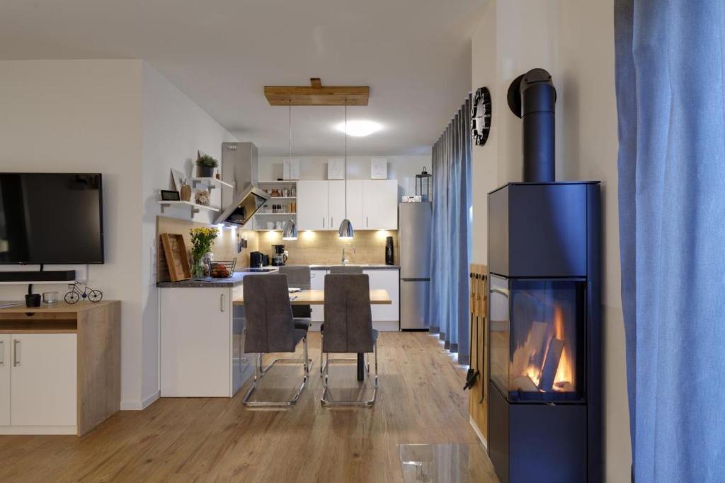 eine Küche und ein Wohnzimmer mit Kamin in der Unterkunft Haus Seeblick - Sonnenweg 14 in Diemelsee