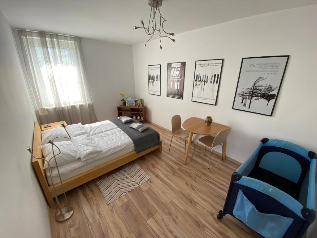 um quarto com uma cama, uma mesa e uma cadeira em Apartament Niebieski em Duszniki Zdrój