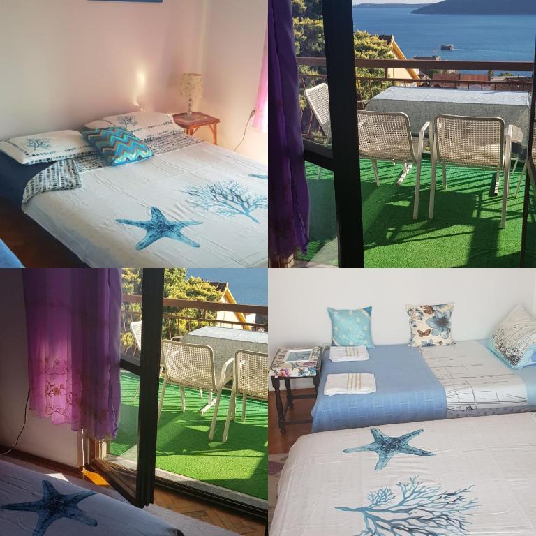 un collage de quatre photos d'une chambre avec deux lits dans l'établissement Guest House Cinderella, à Herceg-Novi