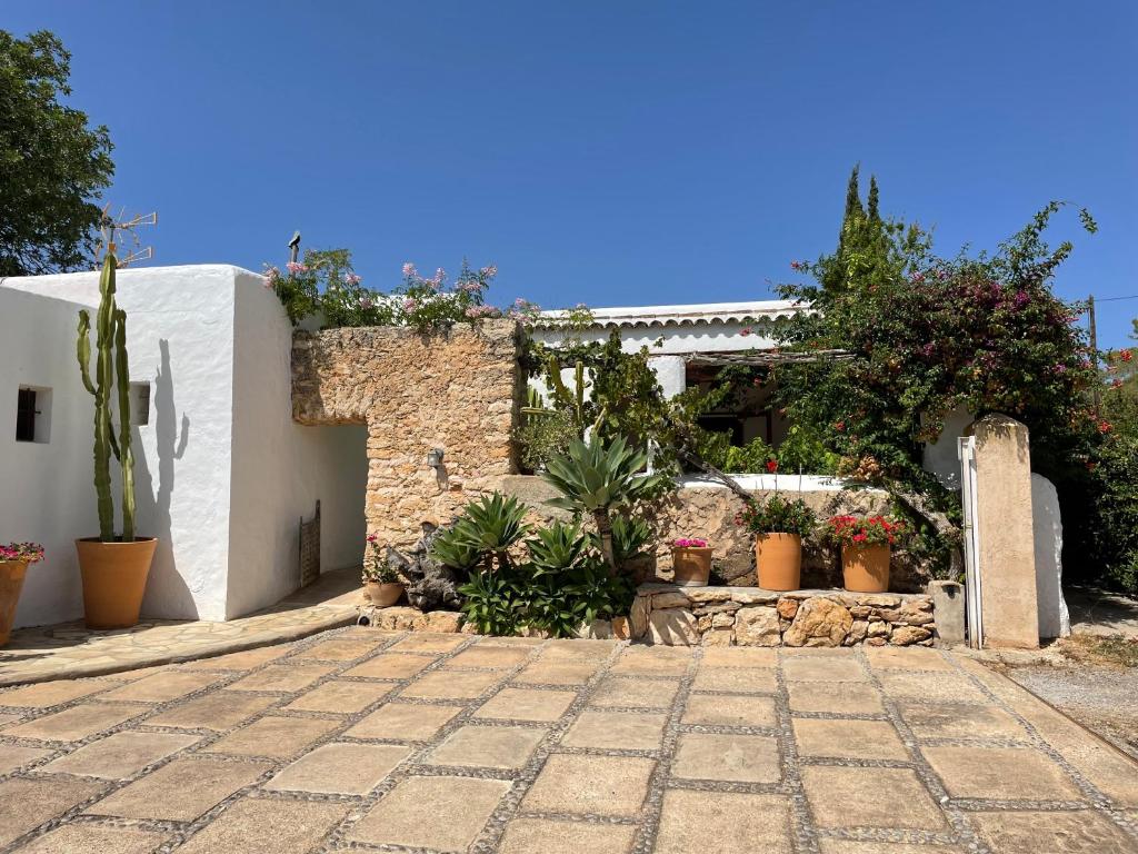 un cortile con piante in vaso e un edificio di Casa Can Coves a Santa Gertrudis de Fruitera