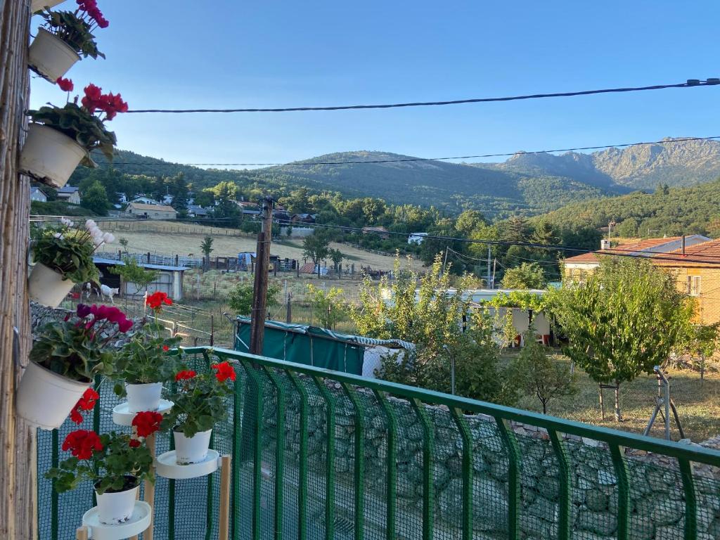 a balcony with flowers and a view of the mountains at El rincón de Siete Picos in Cercedilla