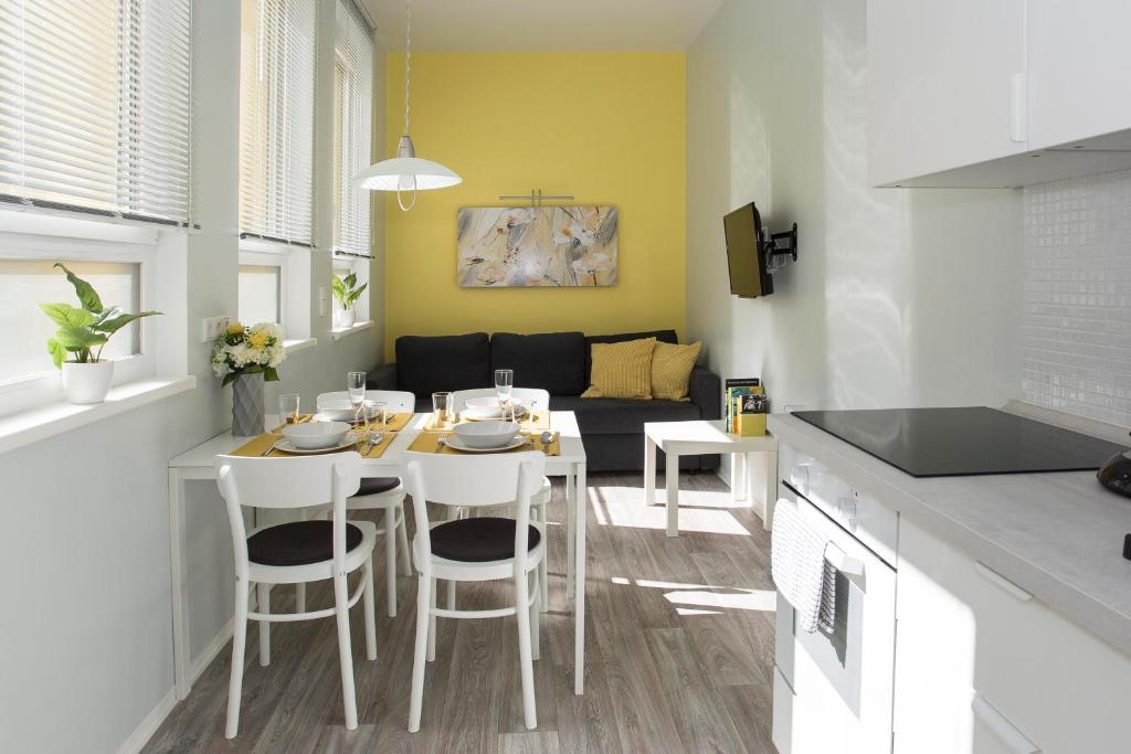 a kitchen and living room with a table and chairs at Zentral gelegene, helle Studio Apartments in Nürnberg