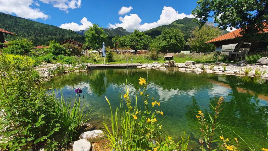 a pond in the middle of a garden with flowers at Grafn-Hof in Schleching