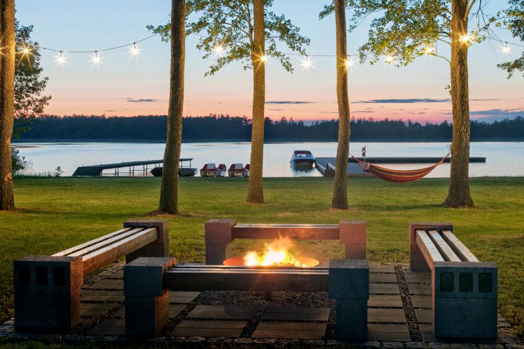 a fire pit in a park with a hammock and a lake at Apartamenty Zielona Lipka in Pisz