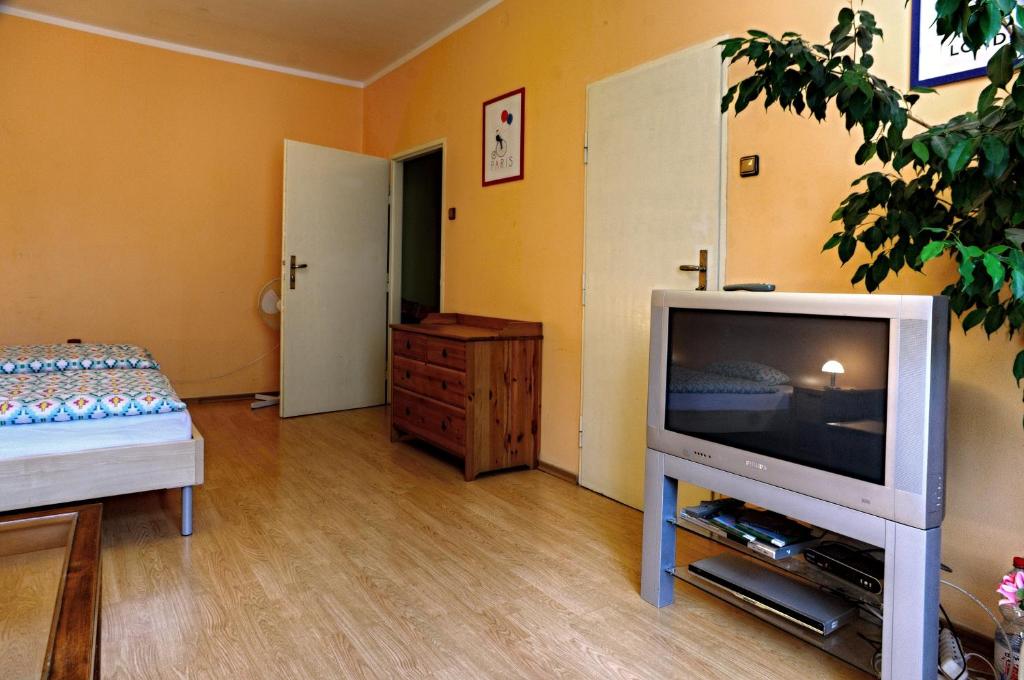 a living room with a television and a bed at Apartments Letna in Prague