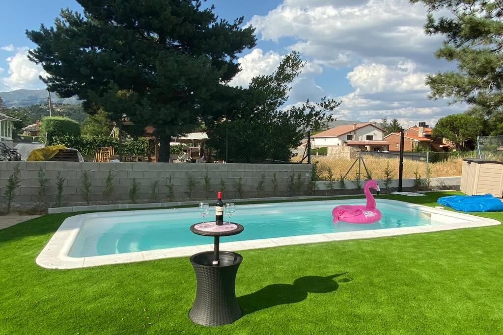 a swimming pool with a pink flamingo in a yard at Charming apartment in Becerril de la Sierra in Becerril de la Sierra