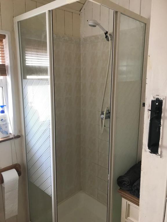 La salle de bains est pourvue d'une douche avec une porte en verre. dans l'établissement Mo's Cottage, à Kilmore