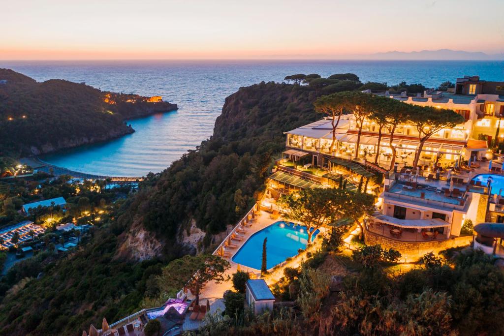 an aerial view of a resort with a pool and the ocean at San Montano Resort & Spa in Ischia