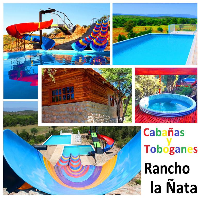 kolaż zdjęć parku wodnego w obiekcie Cabañas y Toboganes Rancho la Ñata w mieście Mina Clavero