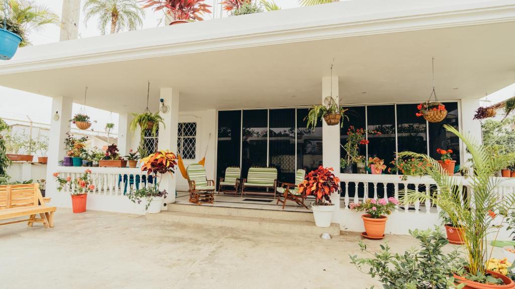 ein weißes Haus mit Topfpflanzen auf der Veranda in der Unterkunft Flor de Lis Beach House, villa vacacional in Playas