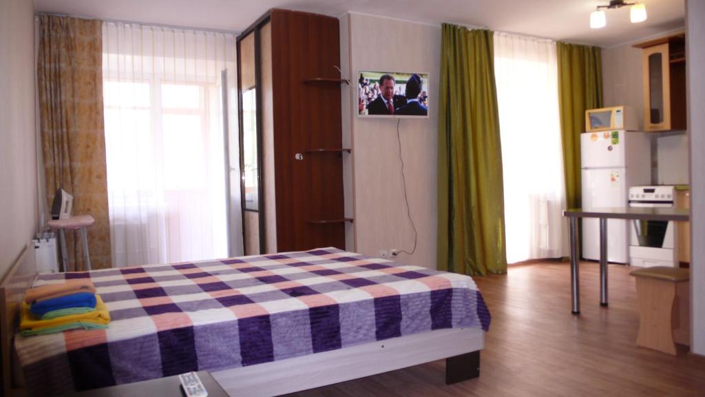 トムスクにあるApartment On Uchebnaya 7のベッドルーム1室(チェック入りの毛布付きのベッド1台付)