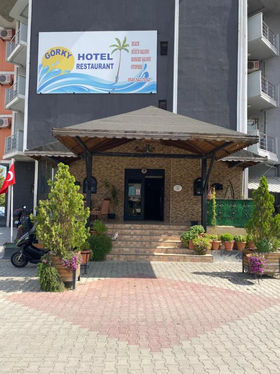 un edificio con un cenador con un cartel. en Odrys Beach Hotel & Resort en Tekirdağ