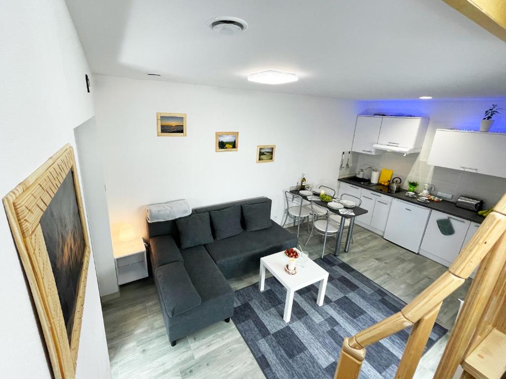 ein Wohnzimmer mit einem Sofa und einer Küche in der Unterkunft Apartamenty Nadrzeczna24 in Tolkmicko