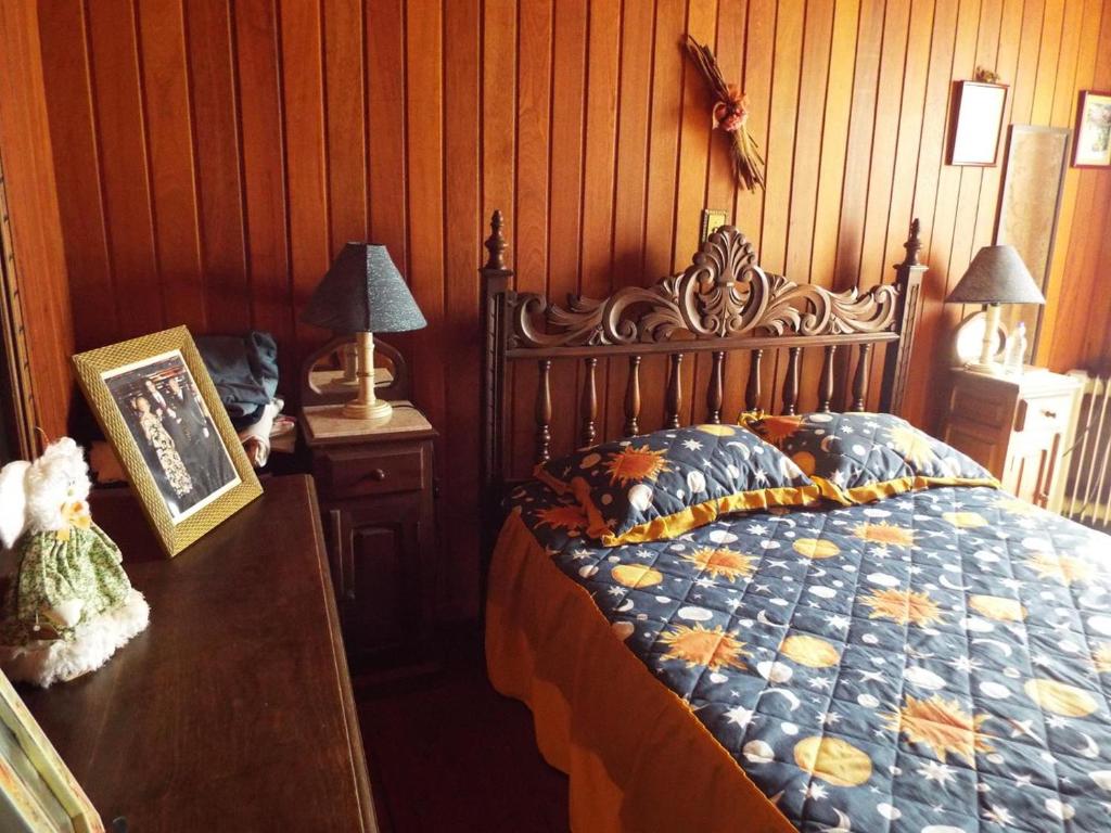 ein Schlafzimmer mit einem Bett und einer Holzwand in der Unterkunft Florada na Serra in Monte Verde